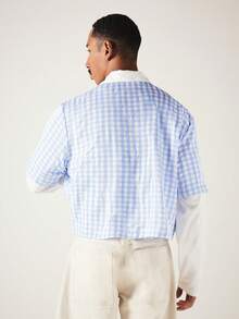 SUMWON Gingham Checked Cropped Boxy Short Sleeve Button-Front Shirt With Contrast White Collar And Chest Embroidery Detail - Blue and White - View 2