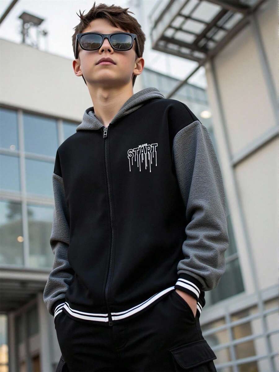 SHEIN 1件裝青少年男孩休閒運動學院風復古連帽夾克,抓絨材質針織衫,適合返校季、生日派對、晚宴、表演、婚禮、洗禮、開學典禮,適合日常穿著、上學、旅行、運動,適合秋冬季節 - 黑色 - 查看 1