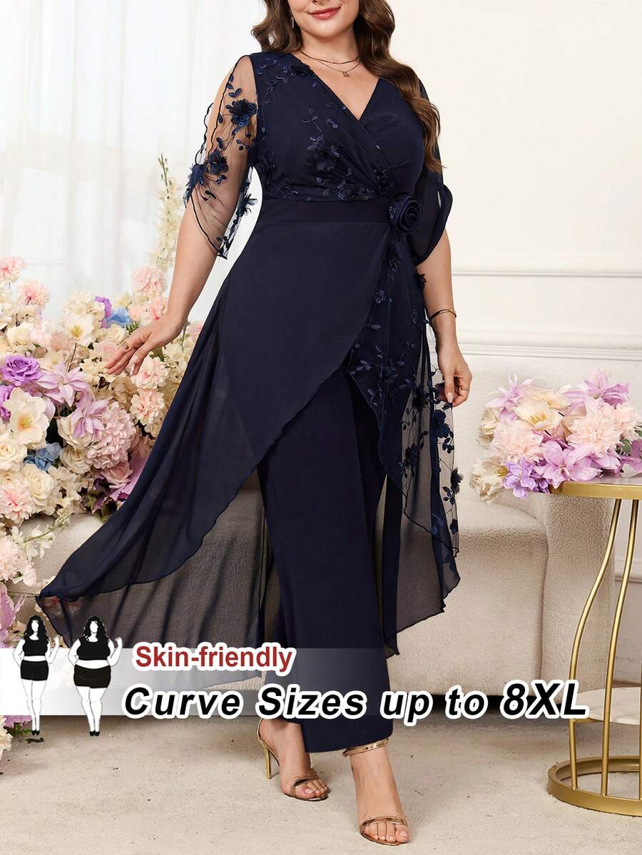 SHEIN CURVE+ 大尺碼刺繡時尚精緻 3D 花卉裝飾寬鬆連身褲 - 藏蓝色 - 查看 1