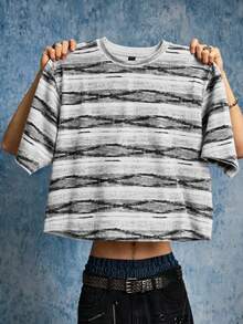 ROMWE MEN Camiseta de hombre con efecto desgastado, a rayas, holgada, de manga 3/4 - Blanco y Negro - Ver 4
