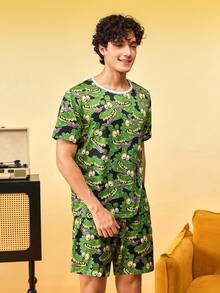 Notgurli Men's Black Cartoon Crocodile Print Milk Silk Round Neck Short Sleeve 2-Piece Set, Casual Home Wear Outfit - Multicolor - View 3
