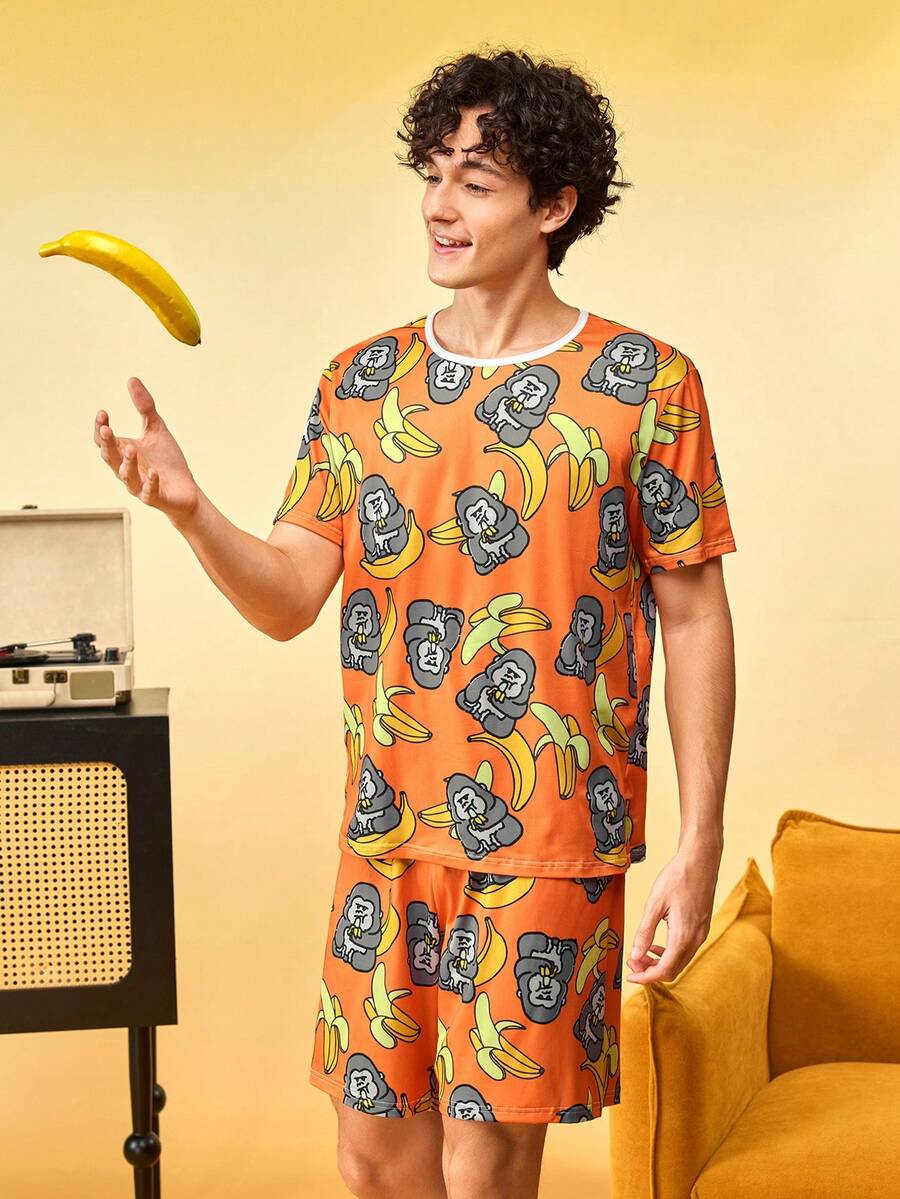 Notgurli Men's Orange Gorilla & Banana Print Milk Silk Crew Neck Short Sleeve 2 Pieces Set, Casual Daily Loungewear Outfit - Multicolor - View 1