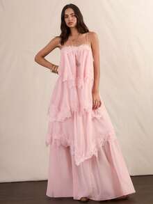 Easelle Gaun Wanita Warna Polos dengan Detail Renda Kontras di Bagian Bawah dan Rumbai, Elegan, Gaya Boho Romantis, Tali Bahu Tipis, Cocok untuk Liburan Musim Panas Warna Pink Muda - Berwarna merah muda - View 4