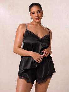 SHEIN BAE CURVE 蕾丝边缎面吊带背心和短裤睡衣套装/睡衣套装 - 黑色 - 查看 6
