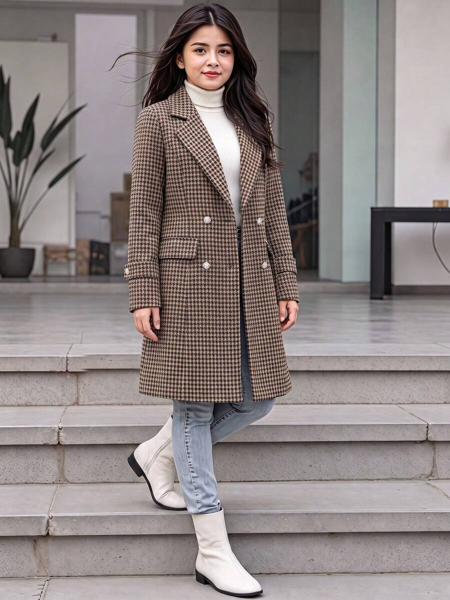 SHEIN 1件青少年女孩獨特腰部設計中長款羊毛長袖大衣,優雅時尚,適合秋冬穿著 - 黑與白 - 查看 1