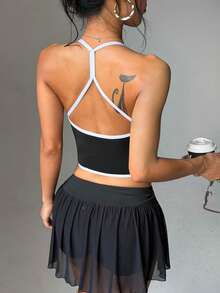 Dewbera Dewbera Women's Colorblock Back Cutout Halter Neck Sports Tank Top Gym Workout Black And White Summer Athletic Sexy - Black and White - View 8