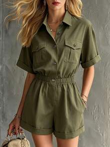 Breezaya Women's Solid Color Pleated Casual Daily Wear Romper - Army Green - View 4