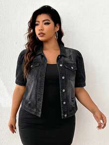 Firerie Plus Size Distressed Short Sleeve Denim Jacket - Black - View 3