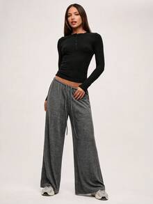 SHEIN BASICS 女款灰色休閒居家長褲 秋季休閒居家款 - 黑色 - 查看 5