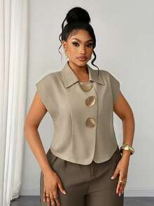 Maweii Plus Size French Style Commuter Minimalist Romantic Design Elegant Blouse - Khaki - View 4