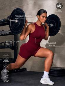 Solea Cove Solea Cove 1pc Burgundy Racerback Seamless Sports Short Jumpsuit, Slim Bodycon Fit, For Gym Weightlifting Workout Summer - Burgundy - View 1