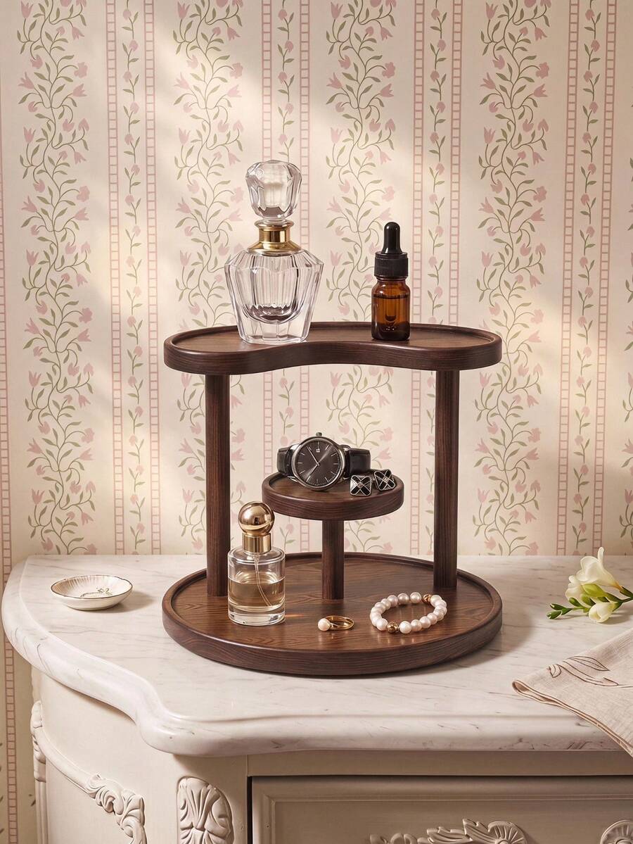 Cirelle Multi-Occasion Choice 1pc Decorative Storage Organizer Featuring Three-Level Wood Grain Display Stand Raised Rim Trays And Cylindrical Supports For Home Lovers Vanity Users And Interior Enthusiasts