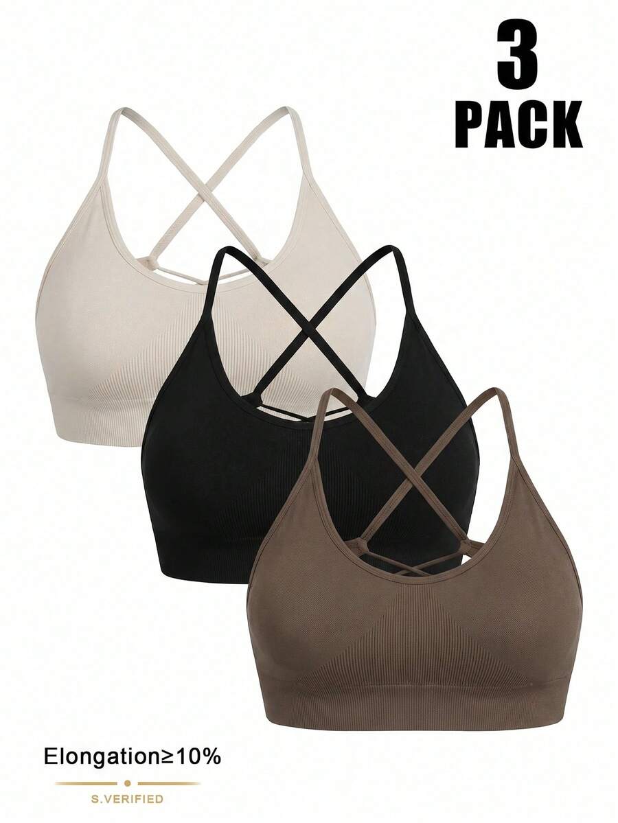 SHEIN Velisys Set 3 Potong Bra Olahraga Kasual Serbaguna Warna Polos untuk Wanita, Yoga, dan Kebugaran - MultiWarna - View 1