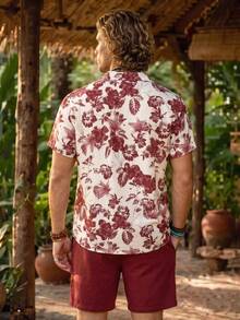Genlund Plus Size Men Floral Print Single-Breasted Short Sleeve Top And Pocket Shorts Beach Outfit, Holiday - Burgundy - View 2
