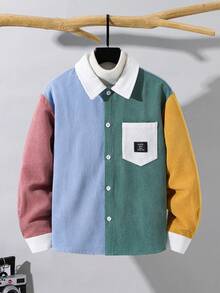 SHEIN 兒童青少年男孩休閒拼色翻領襯衫，基礎上衣，聖誕襯衫，適合秋冬、學校、派對、家庭聚會，秋季穿搭，冬季穿搭 - 彩色 - 查看 2