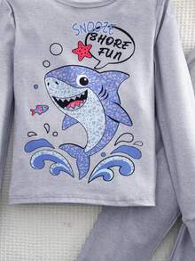 SHEIN Fun Beach Shark Cartoon Snug Fit Smooth Long Sleeve Pajamas For Big Boys, High Elasticity Slim Fit Home Wear 2 Pieces Set - Grey - View 5