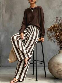 Breezaya Women's Loose Round Neck Long Sleeve Top & High Waist Brown Striped Wide Leg Pants 2 Pieces Casual Vacation Outfit - Multicolor - View 8