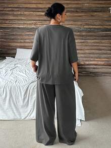 Dazy Plus Letter Print Loose Short Sleeve Casual Pants 2-Piece Set Spring Summer Autumn Grey Pajama Set - Dark Grey - View 2