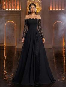 Glamrae Gaun Malam Formal Elegan Minimalis dengan Struktur Leher Off-Shoulder, Hiasan Renda Bulu Mata, Model A-Line Semi-Transparan dengan Belahan Ganda di Bagian Bawah, dan Detail Ruffle Renda Bulu Mata. - Hitam - View 3