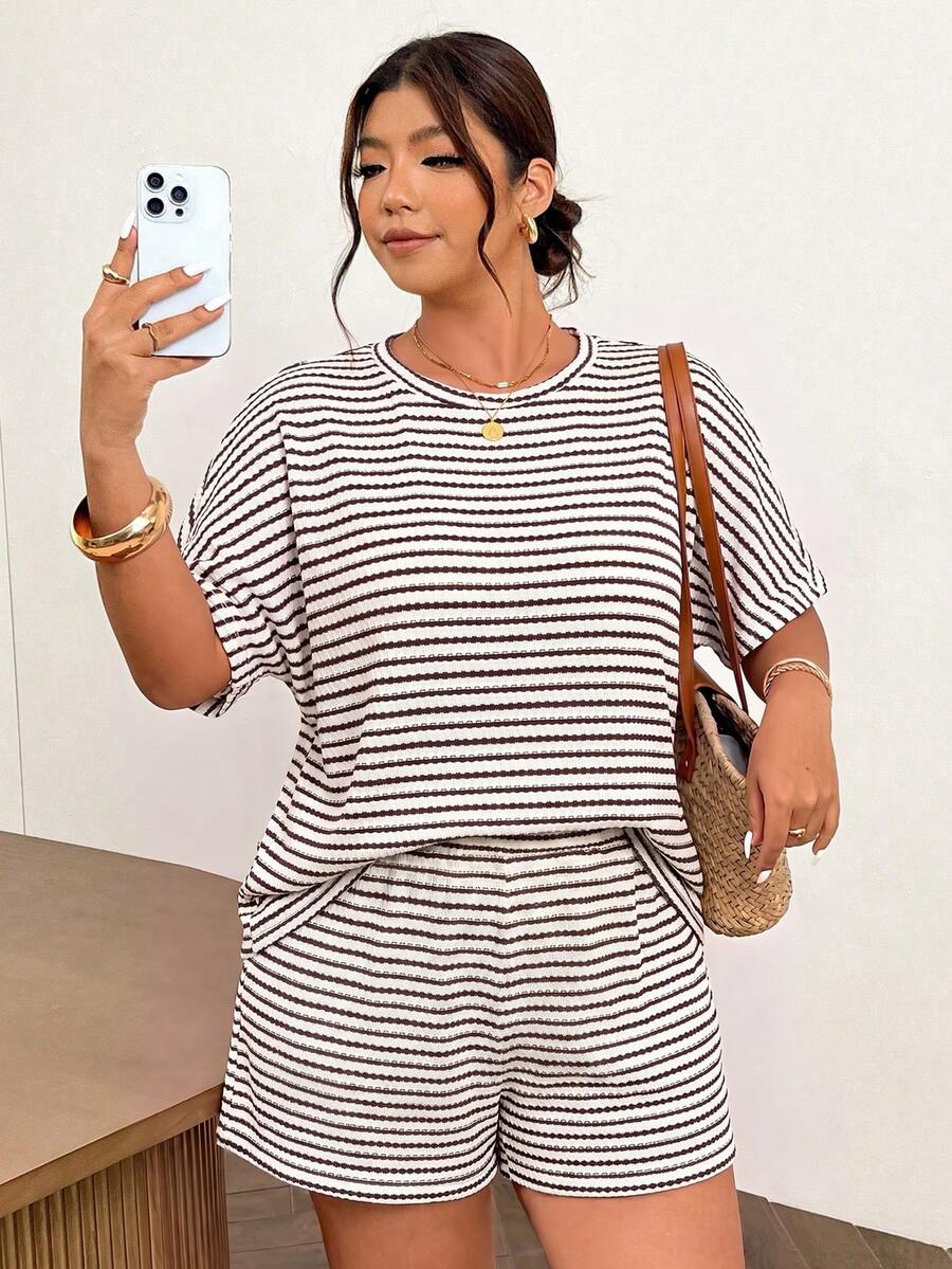 Lounesse Summer New Vacation Striped T-Shirt And Shorts Plus Size 2 Pieces Set Casual Daily Going Out Striped Set For Women Fall/Winter Elegant 2 Pieces Set - Brown - View 1