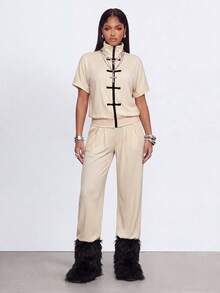 Gowayae Gowayae Women's New Chinese Style Frog Button Set, Summer Loose Short Sleeve Wide Leg Pants, Comfortable Home Wear, Can Be Worn Out, 2 Pieces Set - Apricot - View 2