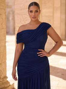 Glamrae Plus Size New Elegant Deep Royal Blue Mesh One-Shoulder Ruched Slimming Asymmetrical A-Line Skirt With High Slit For Wedding Bridesmaid Formal - Blue - View 3