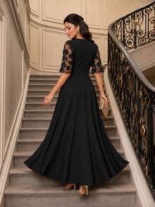 SHEIN Lady CURVE Plus Size Solid Color V-Neck Mesh Patchwork Elegant Dress Black Dress Formal Dress Elegant Dresses For Women Festival Outfits Summer - Black - View 2