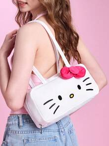 HELLO KITTY AND FRIENDS | SHEIN 可愛貓咪印花聚酯纖維單肩包，附3D蝴蝶結裝飾，輕量大容量拉鍊托特包，適合通勤、旅行與日常休閒使用 - 粉色蝴蝶結款 - 查看 3
