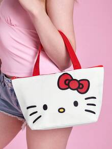 HELLO KITTY AND FRIENDS | SHEIN 蝴蝶結卡通臉印花保溫午餐手提袋，大容量保溫冷藏袋，適合女生學生，便攜手提包，適用日常通勤、野餐食物儲存 - 白紅 - 查看 3