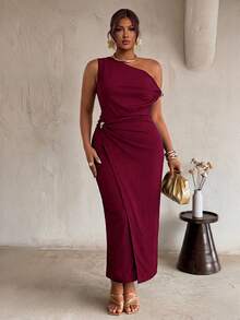Firerie Brown Fitted Asymmetrical Shoulder Metal Decor Cinched Waist Bodycon Plus Size Women Long Dress/Elegant Commute Office Workplace Outfit Siren Style High-End Banquet Outfit Metal Buckle Decor Wrap-Around Long Dress/Prom/Wedding Season/Valentine's Day/Party/Sexy/Commute/Elegant Romantic/Birthday Party Outfit - Burgundy - View 3