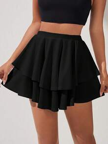 SHEIN PETITE High Waist Layered Hem Ruffle Skirt - Black - View 5