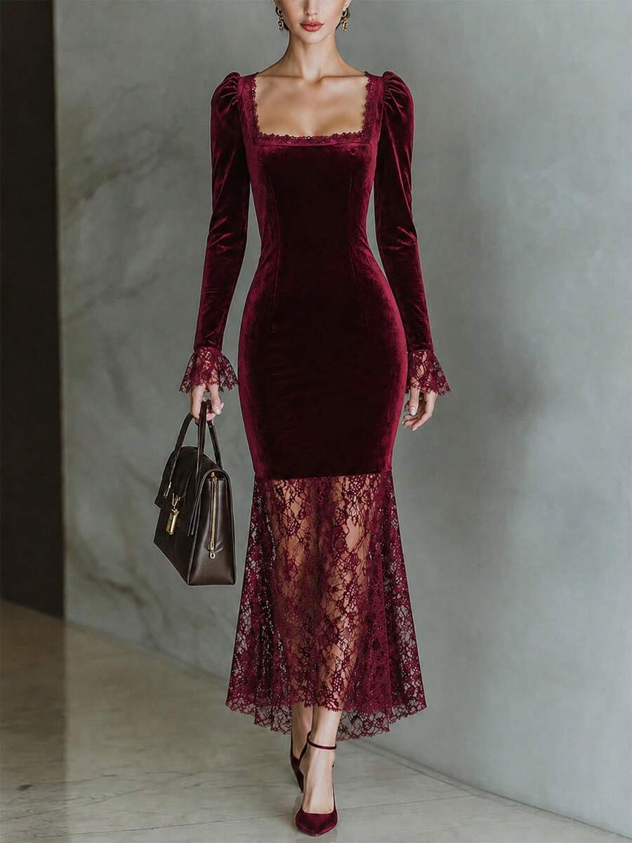 Balvessa Elegant Date Holiday Festival Gothic Halloween Burgundy Velvet Fitted Midi Dress Spring Summer Autumn Square Neck Petal Sleeve Lace Patchwork