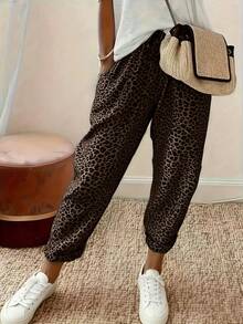EMERY ROSE Plus Size Women's High Waist Loose Leopard Print Ankle Pants Fall - Brown - View 1