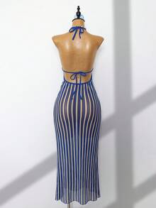 SHEIN Swim Swim Chiccia 女款藍白條紋夏季新款海灘度假鏤空長款露背深V領無袖鉤編掛脖繫帶泳衣 - 彩色 - 查看 2