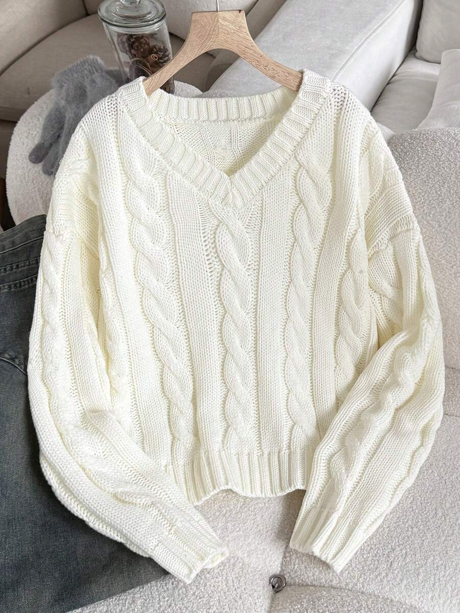 SHEIN 青少年女孩秋冬白色素色圖案休閒極簡時尚針織V領寬鬆毛衣 - 白色 - 查看 1