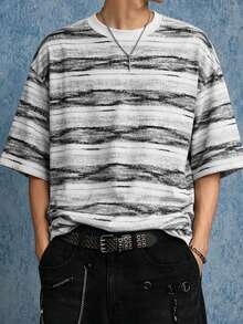 ROMWE MEN Camiseta de hombre con efecto desgastado, a rayas, holgada, de manga 3/4 - Blanco y Negro - Ver 1
