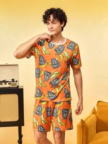 Notgurli Men's Orange Gorilla & Banana Print Milk Silk Crew Neck Short Sleeve 2 Pieces Set, Casual Daily Loungewear Outfit - Multicolor - View 6