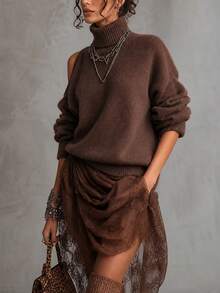 SHEIN Fiorisel Women's Autumn/Winter High Neck Solid Color Casual Loose Pullover Sweater Off-Shoulder Knit Top - Brown - View 3