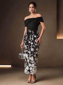 Anewsta Women's Elegant Mid-Length 3D Embroidered Off-Shoulder Dress, Black And White Cocktail Dress For Party, Wedding Guest Wear - Black - View 1