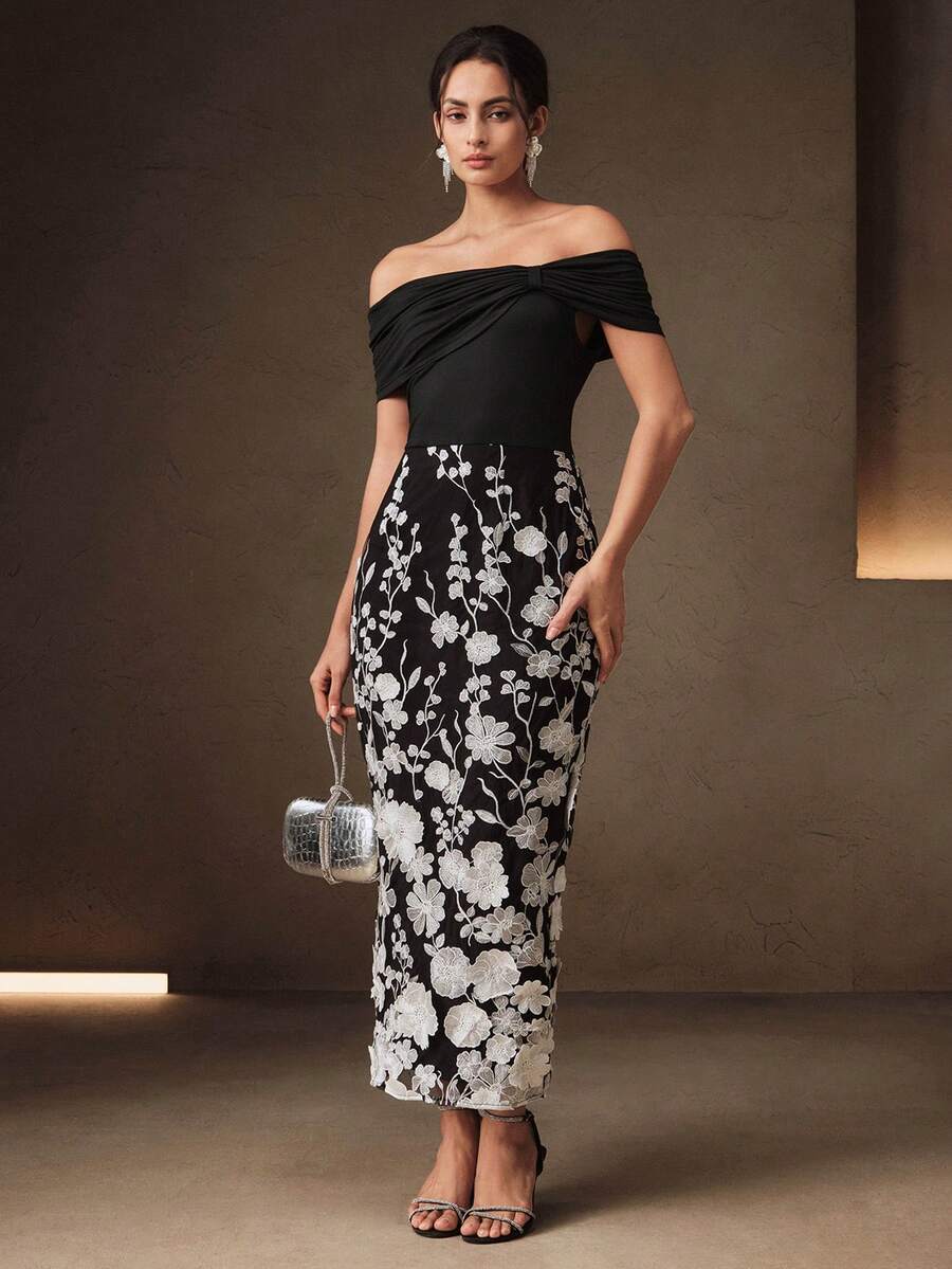 Anewsta Women's Elegant Mid-Length 3D Embroidered Off-Shoulder Dress, Black And White Cocktail Dress For Party, Wedding Guest Wear - Black - View 1