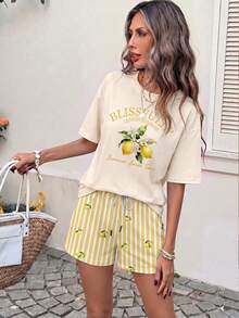 EMERY ROSE Women's Round Neck Drop Shoulder Top And Drawstring Shorts Casual 2-Piece Set, - Multicolor - View 6