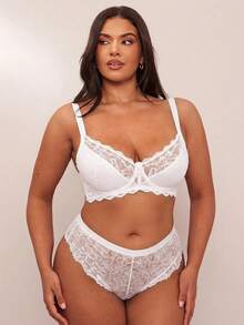 SHEIN BAE CURVE 1 件大码女士蕾丝拼接舒适钢圈文胸，提升型 - 白色 - 查看 5