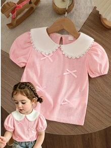 SHEIN Girls' Short Sleeve Top, Floral Shape Knitted Jacquard, Lace Trim Comfortable Casual Daily Wear Back To School, LuckyBag Ramdom 1pc - Pink - View 9