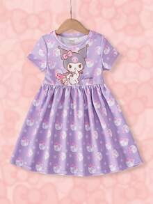 HELLO KITTY AND FRIENDS | SHEIN 女童圓領卡通印花百褶休閒日常洋裝 - 紫色 - 查看 1