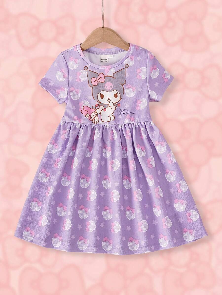 HELLO KITTY AND FRIENDS | SHEIN 女童圓領卡通印花百褶休閒日常洋裝 - 紫色 - 查看 1