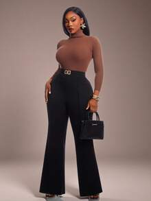 Radiana Curve Plus Size Women's Autumn/Winter Fashion Elegant Metal Decor Long Pants, Versatile, Suitable For Commuting Formal Evening, Meetings, Office, Black - Black - View 8