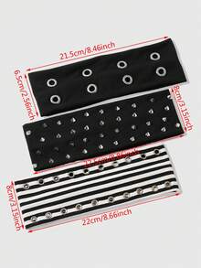 ROMWE Goth 3件組 Y2K 龐克風黑白鉚釘金屬孔眼條紋髮箍，音樂節街拍拍照女性髮飾 - 多色B款 - 查看 5