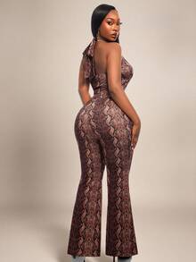 Radiana Plus Size Women's Fashion Sexy 2-Piece Set: Ring Design Snake Print Halter Deep V-Neck Top + Matching Flare Pants Set, Suitable For Party, Daily Wear - Multicolor - View 2