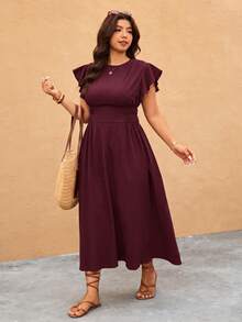 SHEIN CURVE+ Women's Plus Size Casual Solid Color Cinched Waist Midi Dress, Brown, Summer Beachwear - Red Violet - View 5