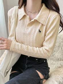 FRIFUL 女款杏色基礎款刺繡 Polo 領 T 恤，翻領短袖夏季上衣，可愛上衣長袖上衣 - 杏色 - 查看 6